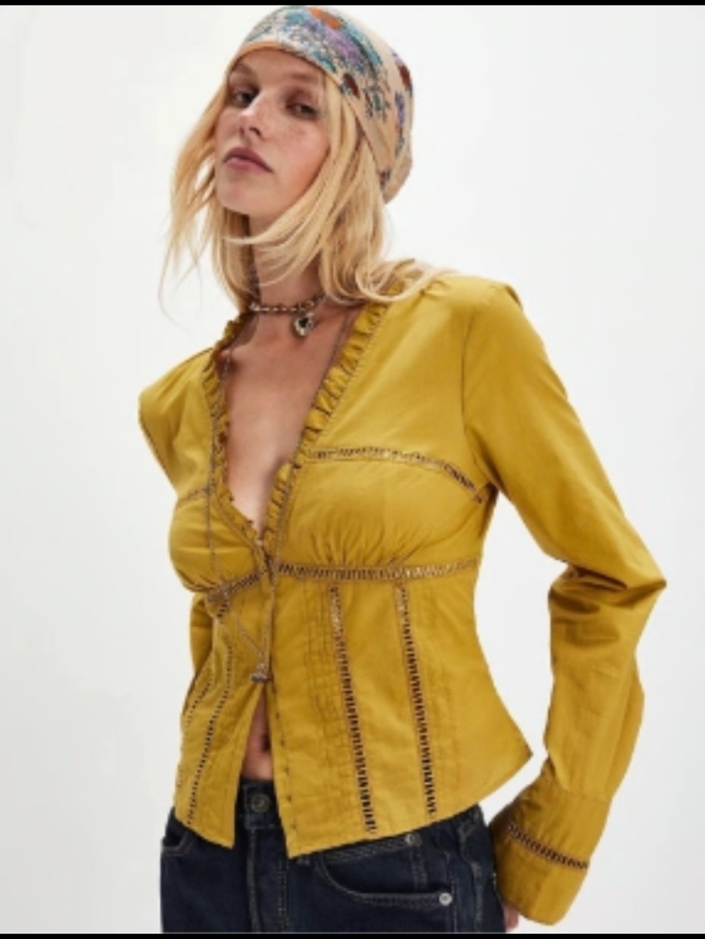 NWT Free People Frankie Long Sleeve Ladder Stitch Corset Top Mustard Ruffle S